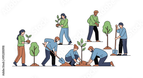 Diverse people planting trees, environmental conservation, community gardening, teamwork, sustainability