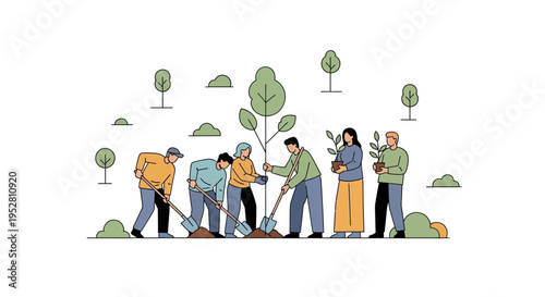 Community planting trees, environmental protection, reforestation, gardening, teamwork, outdoor