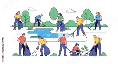 Community park cleanup: diverse people volunteering, collecting trash, planting trees