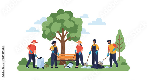 Diverse group cleaning park, teamwork, environmental care, sunny day