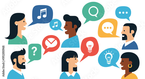 Diverse people communicate with speech bubbles containing ideas, questions, and music notes
