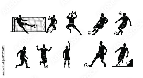 Silhouettes of soccer players in various action poses on a white background