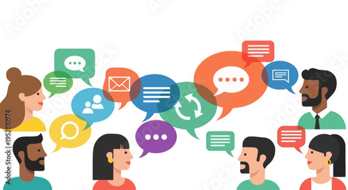 Diverse people communicating with colorful speech bubbles, brainstorming ideas