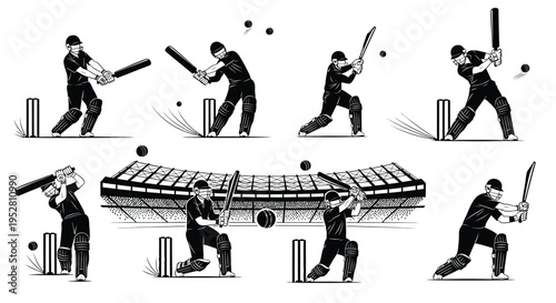 A series of illustrations depicting various cricket batting actions and elements
