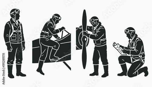 Vintage pilot silhouettes in various aviation poses