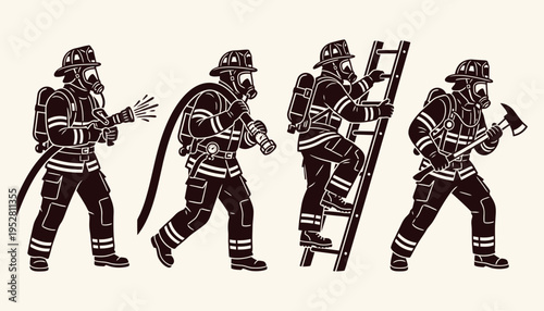 Firefighter silhouette vector set with firemen in various action poses