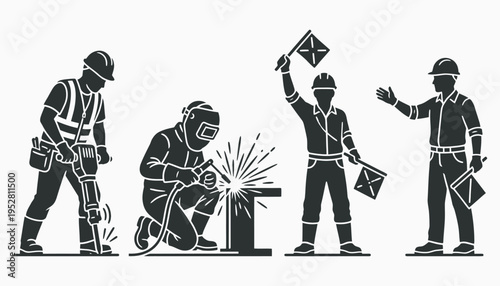 Construction worker silhouettes performing industrial tasks on white background
