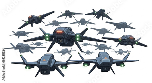 A fleet of futuristic aircraft in a formation, ready for action, aerial view.