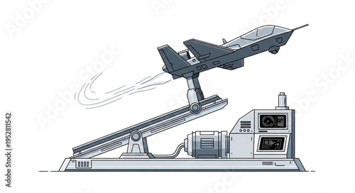 Diagram of a launching system with a model aircraft in flight, technical illustration.