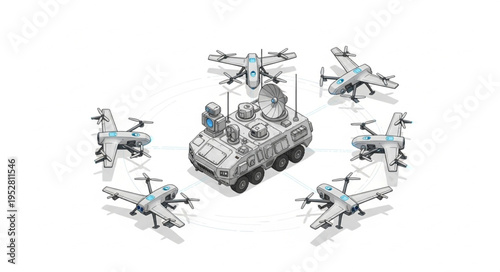 Military vehicle surrounded by drones, a strategic defense concept.