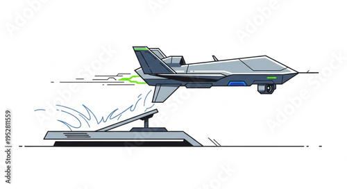 Futuristic aircraft taking off from a launch platform, high-tech design concept.