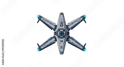 Futuristic spacecraft design with multiple wings and advanced propulsion systems, aerial view.