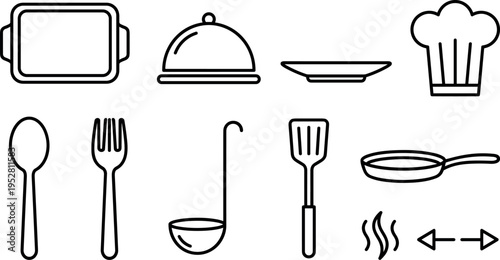 Kitchen Cooking Line Icons Set with Utensils, Chef Hat, Pan, Tray and Food Preparation Tools