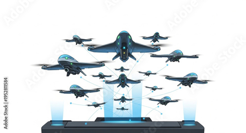 A fleet of futuristic drones soaring through the sky, ready for action.