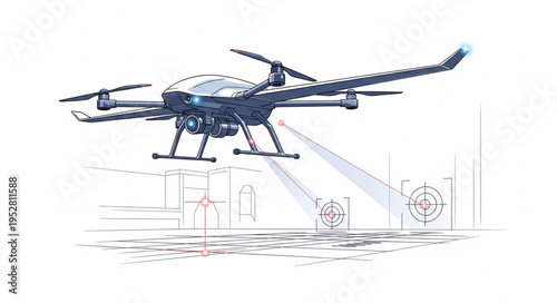 Drone technology in flight, capturing data and surveying the area with advanced sensors.