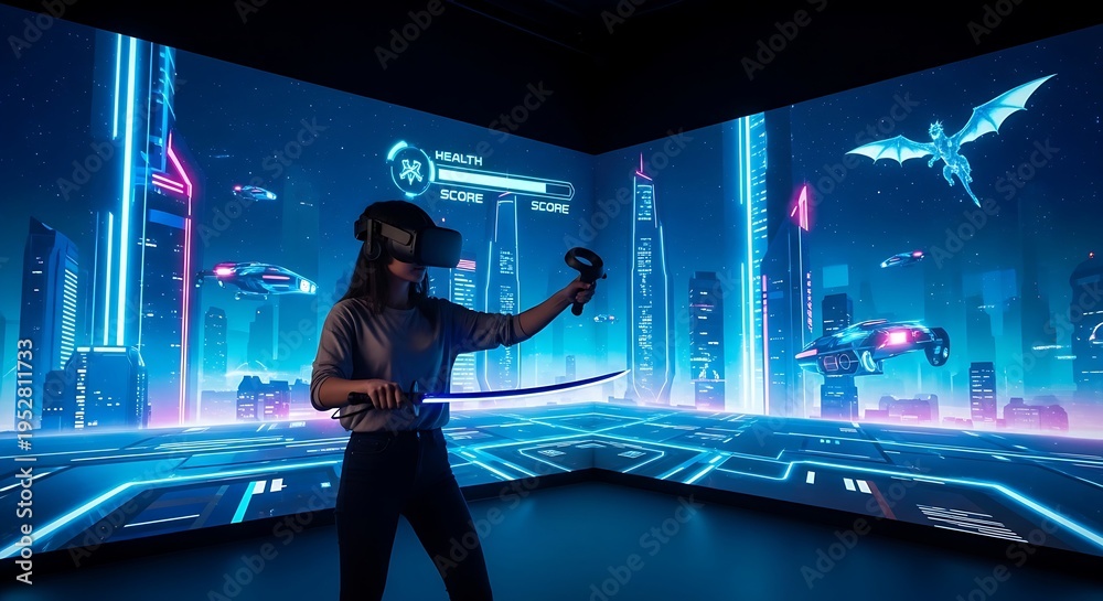 Fototapeta premium A woman wearing a virtual reality headset in a futuristic gaming room
