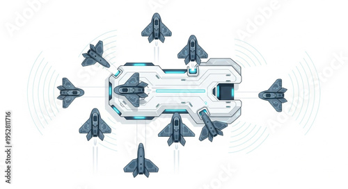 Futuristic spacecraft surrounded by fighter jets in a dynamic formation, ready for action.