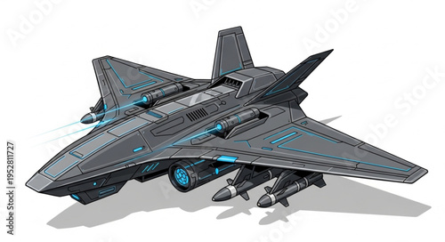 Futuristic stealth fighter jet with advanced weaponry and sleek design.