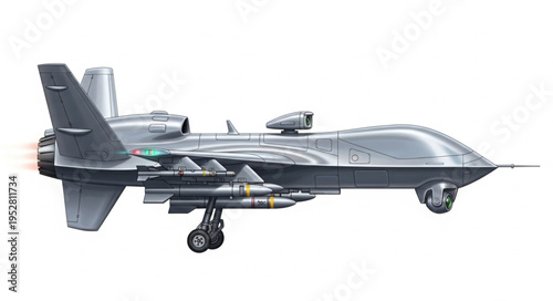 Detailed side view of a modern military drone aircraft with weapons.