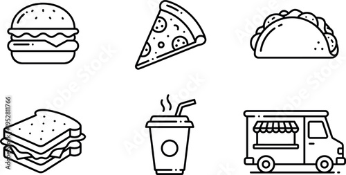 Fast Food Line Icons Set with Burger, Pizza, Taco, Sandwich, Coffee and Street Food Truck\