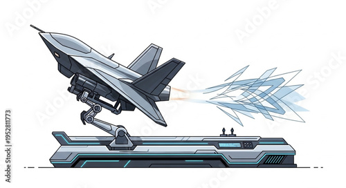 Futuristic jet fighter aircraft taking off from a launch platform with powerful engine thrust.