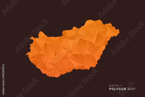 Hungary Map - low poly polygon vector, geometric triangulated silhouette in orange and dark brown tones, clean modern infographic style, isolated background.