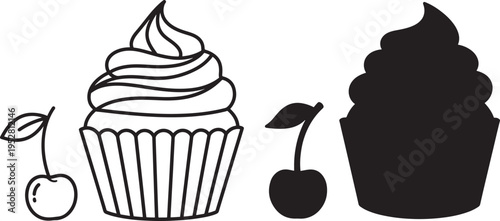 Cupcake outline and silhouette icon with cherry