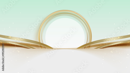 ミントグリーン背景に金の円形フレームと流れるリボンが上品に配置された高級感のあるラグジュアリー抽象背景素材