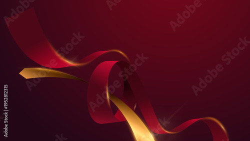 赤い背景に金の光沢リボンが流れるように配置された華やかで高級感あふれるイベント向け抽象デザイン背景