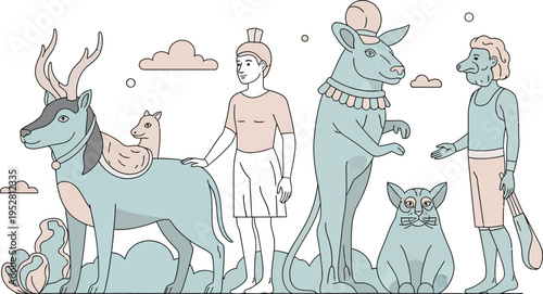 Stylized illustration showcasing an ancient mythological ensemble of fantastical creatures and human figures, including a deer, bipedal beast, and two people.