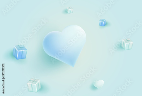 淡いブルーの空間に浮かぶハートとキューブがやさしい雰囲気を演出するミニマルでかわいい3Dレンダリング背景素材