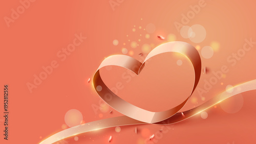 光る粒子とリボンで形作られたハートのロマンチック背景、バレンタインや愛情表現に使える温かみのあるデザイン素材