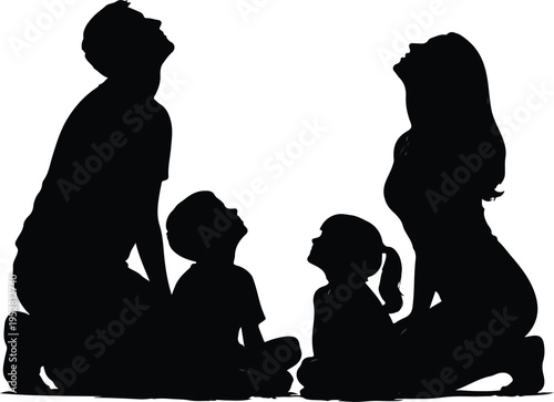 Silhouette of a Happy Family Sitting Together and Looking Up at Copy Space