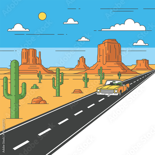 Classic Car Driving on Desert Highway.