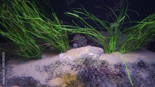 Cuttlefish swimming gracefully over a sandy seabed with lush green seagrass in the background. The cephalopod displays its natural camouflage pattern in a clear underwater environment.