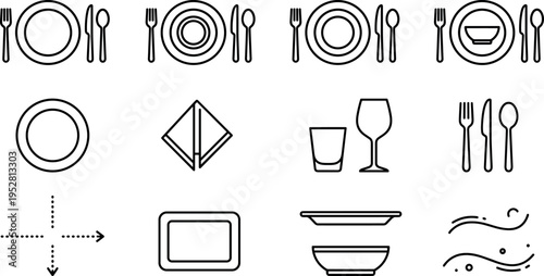 Dining Table Setting Line Icons Set with Plates, Cutlery, Glassware, Napkin and Serving Dishes