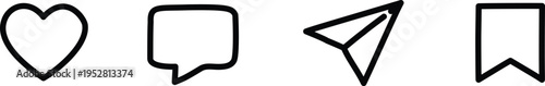 social media icons heart chat message send bookmark, communication icons set heart message share bookmark, simple social interaction icons heart chat send save