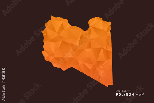 Libya Map - low poly polygon vector, geometric triangulated silhouette in orange and dark brown tones, clean modern infographic style, isolated background.