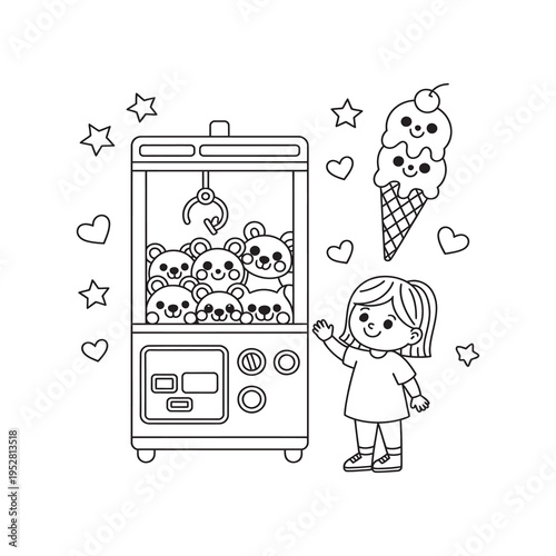 A young girl playing with a claw machine filled with cute cat's and an ice cream cone.