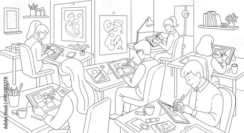 Art students diligently working on their creative projects in a studio setting.