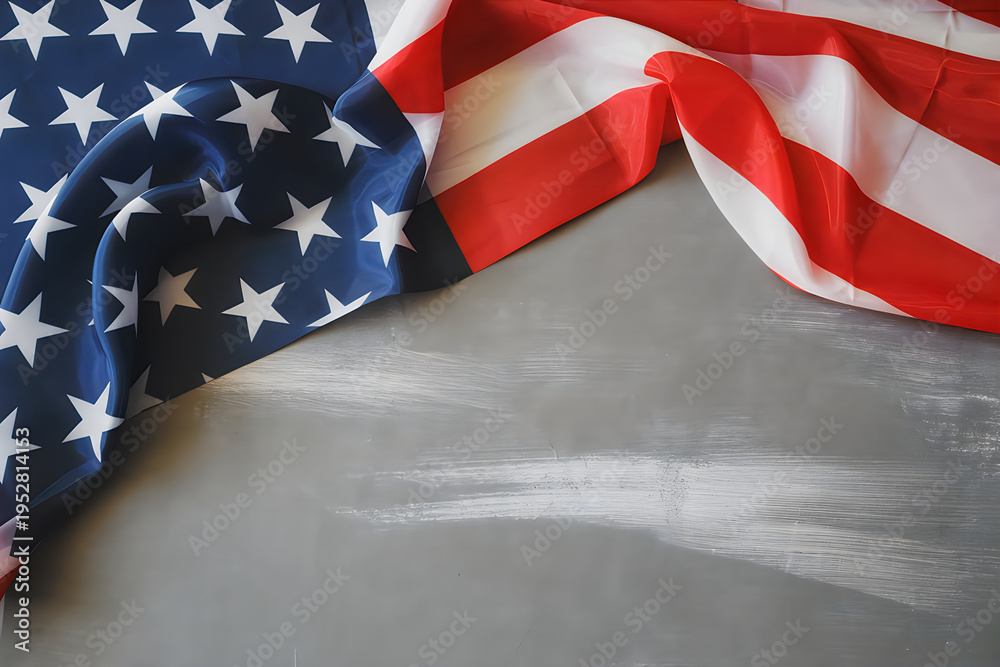 Naklejka premium American flag draped on a textured gray surface with copy space usa flag stars and stripes