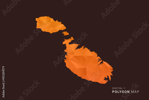 Malta Map - low poly polygon vector, geometric triangulated silhouette in orange and dark brown tones, clean modern infographic style, isolated background.