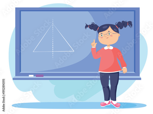 school girl explaining geometry on blackboard