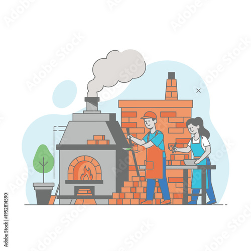 Artisans crafting pottery in a traditional brick kiln setting.