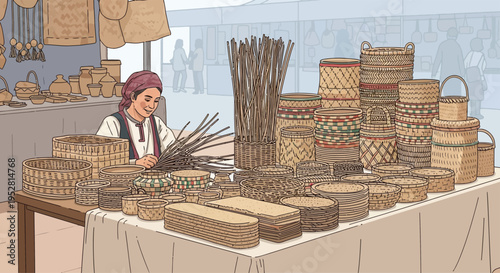 Artisan woman crafting woven baskets at market stall.