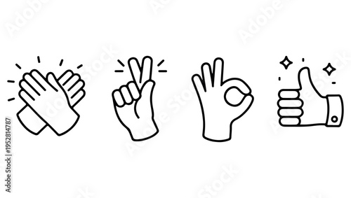 A collection of hand gestures clapping snapping thumbs up and pointing
