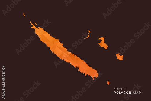 New Caledonia Map - low poly polygon vector, geometric triangulated silhouette in orange and dark brown tones, clean modern infographic style, isolated background.