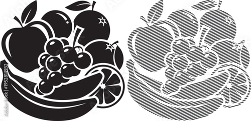 Vintage illustration of apples in baskets with contrasting artistic styles