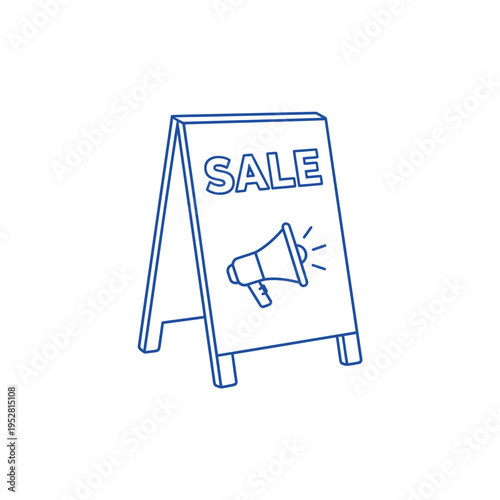 A-frame sign with sale announcement and megaphone icon.
