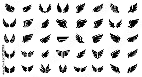 diverse collection of black wing icons and symbols isolated on white representing flight freedom and strength ideal for logo design or graphic elements.